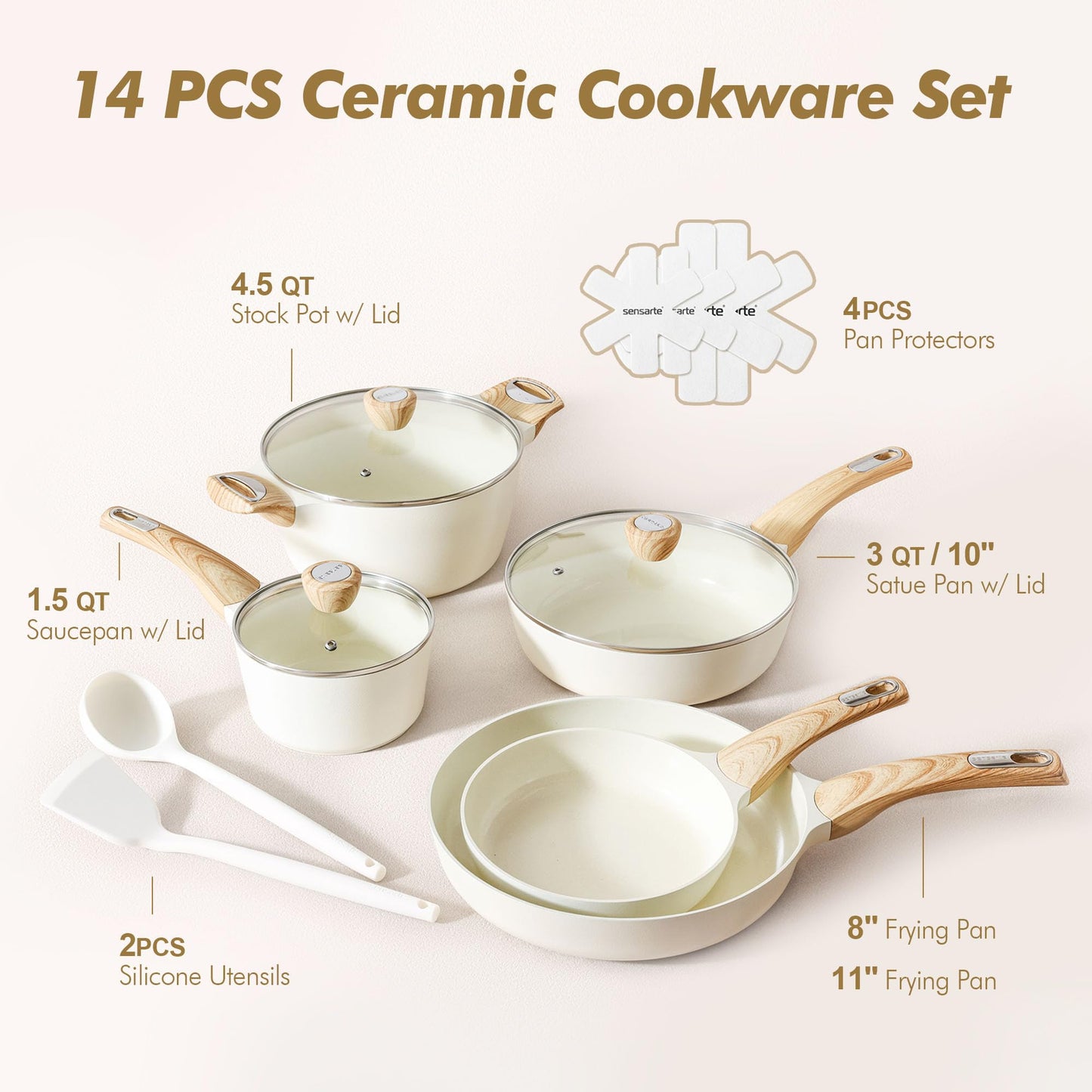 SENSARTE Ceramic Cookware Set, Pots and Pans Set Non stick, 14-Piece Induction Cookware, Non toxic Healthy Non Stick Kitchen Cooking Set, with Frying Pans Set, PFAS PTFE PFOA PFOS Free