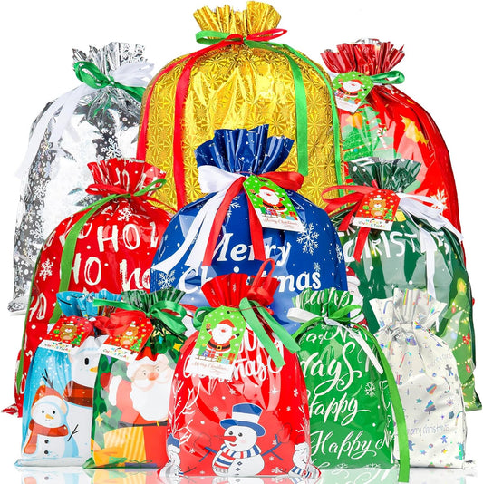 RBONIGHT 38PCS Christmas Drawstring Gift Bags of Assorted Sizes Small Medium Large Jumbo, Holiday Bags with Colorful Drawstrings for Xmas Party Favors,Christmas Presents