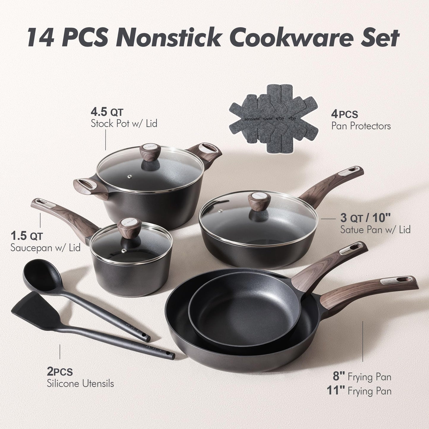 SENSARTE Ceramic Cookware Set, Pots and Pans Set Non stick, 14-Piece Induction Cookware, Non toxic Healthy Non Stick Kitchen Cooking Set, with Frying Pans Set, PFAS PTFE PFOA PFOS Free
